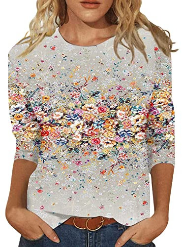 T Shirt Damen 3/4 Arm Oberteile Tops Bunte Blumenmuster Druck Tunika Shirt Oversize Pullover Rundhals Vintage Langarmshirt Mode Landhausmode Atmungsaktiv Freizeit Grau L