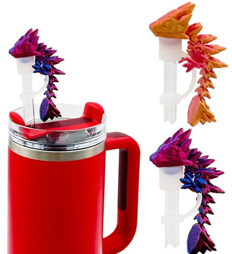 MITCHENIFY 2PCS Dragon Straw Cover Cap Compatible with Stanley 30 & 40oz Straw Cup, Silicone Straw topper with 3D Printed Dragon, Cool Tumbler Accessories Including 2 Colors, Halloween Decorations