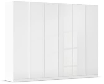 Rauch Möbel Monostar, Drehtürenschrank, Kleiderschrank, Kleiderschränke, Garderobe, 6-türig, 6 Glastüren, Farbe Glas weiß/Alpinweiß, 271x210x54cm