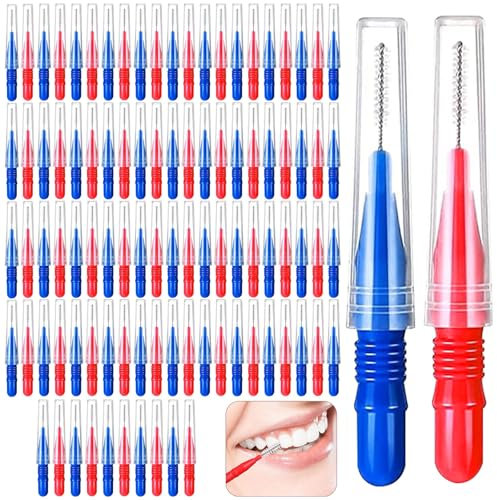 100 Stück Zahnzwischenraumbürsten, Interdentalbürsten Dentalbürsten Zwischenraum Zahnbürste Wiederverwendbar für Reinigung Zwischen den Zähnen Zahnreinigung Werkzeug Rot Blau