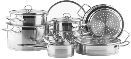 VINZER 50032 UNIVERSUM 14-Teilig Topfset aus hochwertigem Edelstahl, Kochgeschirr Set, hochwertiges Küchenset, Töpfe, Stielkasserolle, Deckel, Pfanne, Spülmaschinenfest