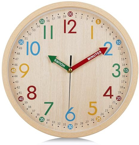 Lafocuse Horloge Murale Enfant Apprentissage Grain de Bois Silencieuse, 30cm Pendule Murale Design Moderne, Facile à Lire sans Tictac pour Chambre Ecole Cuisine Salon