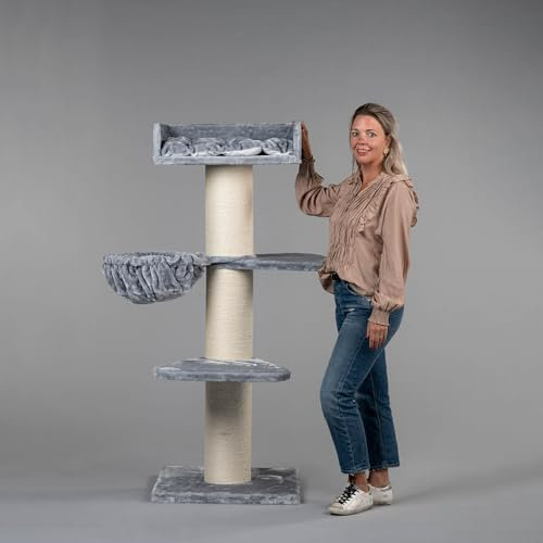 RHRQuality Cat Tree for Large Cats - Royalty Plus – 158 cm High – With Extra Thick 20 cm Sisal Posts – Light Gray