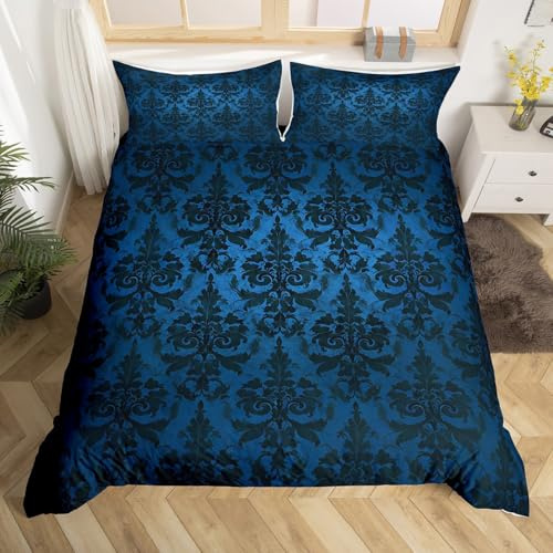 Homewish Gotische Bettwäsche Sets Erwachsene Schwarz Damast Bettbezug Set,Viktorianische Tröster Bezug 200x200 Vintage Barock Goth Bett Set Antik Schwarz Floral Böhmische Dekor,Blau