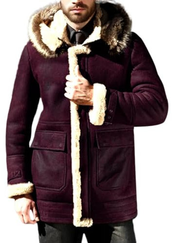 Mittellange Herren-Baumwolljacke, Freizeitjacke gewaschener Baumwolle mit Taschen Tooling-Baumwolle Mantel Gürtel Herren (Red, XXXL)