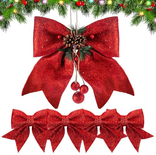 GWAWG Fiocchi Rossi Per Albero Di Natale, 5 Pezzi Grandi Glitter La Decorazione Dell'Albero Natale,Fiocchi Natalizi, Ornamento Della Ghirlanda Decorazioni Natalizie