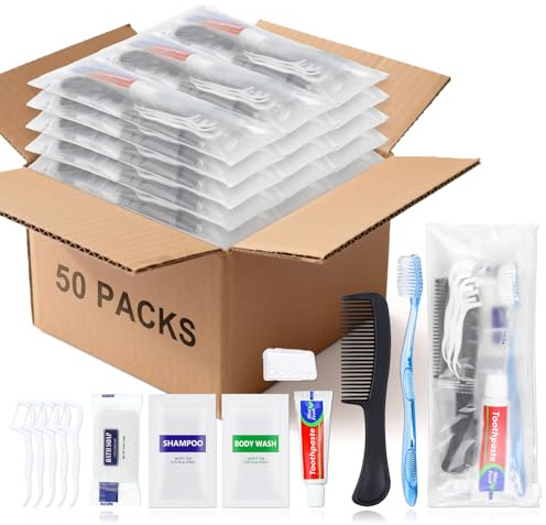 50 Sets Bulk Hygiene Kits for Homeless,Basic Toiletry Kit Homeless Supplies | Bulk Disposable Toothbrushes with Toothpaste and Comb Individually Wrapped,Bath Soap,Shampoo,Body Wash,Floss Pick