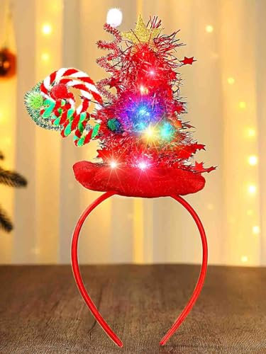 Evlry Bandeau de Noël avec lumières Arbre à paillettes lumineux Chapeau étoile Accessoire de cheveux pour femme (Rouge)