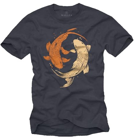 MAKAYA Herren T-Shirt Yin Yang Design Koi Fische Yoga Print Angler Motiv Geschenke Männer Blaugrau M