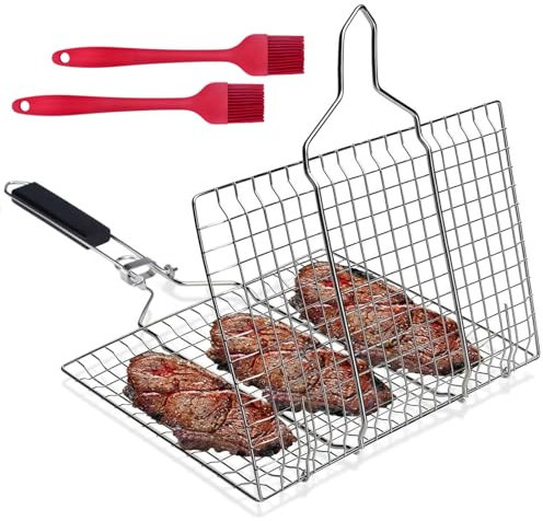NEWJEK Grillkorb Edelstahl, 32 x 22 cm Faltbar Grillkorb Fisch, Tragbares Grill Basket mit 2 Silikonbürste, Grillen Zubehör, Grillguthalter für Fischgemüse, Steak, Garnelen mit Abnehmbarem Griff