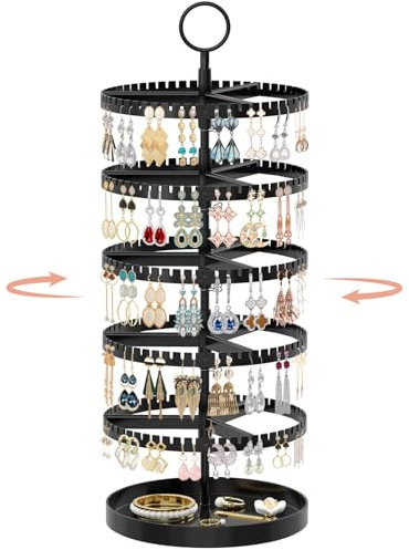 iDavosic.ly Organiseur rotatif à 5 niveaux pour boucles d'oreilles avec plateau en métal, support réglable en plastique avec 285 rainures, grande tour de rangement pour cerceaux, Noir