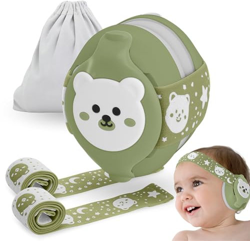 BELLEBEBE - Casque Anti Bruit Bébé - 0-36 Mois - Hypoallergénique et Sans BPA - Certifié EN352-1, RoHS, CPC - Casque Avion Bebe - Bandeau Ajustable (Vert Olive)