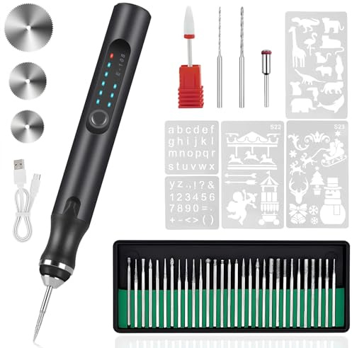 HOTROSE Elektrischer Gravierstift mit 37 Bits, wiederaufladbar, kabellos, USB-Graviermaschine, tragbarer DIY-Drehgravierer für Schmuck, Holz, Glas, Steinschnitzerei (schwarz)