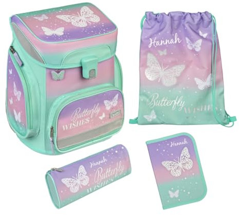 Undercover Schulranzen Set Schmetterling 5-TLG Mädchen 1. Klasse - Mit personalisiertem Inhalt - Schultasche Butterfly mit Turnbeutel Federmappe für Grundschule