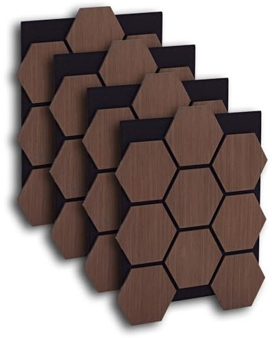 Homestyle4u Akustikpaneele Holz 76x62 cm 4 Stück Hexagon Akustikplatten Schallschutz Wandpaneele Schalldämmung Braun