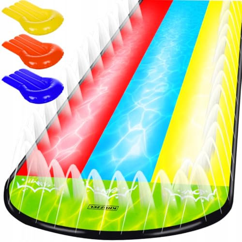 KRUZZEL Toboggan aquatique pour enfants avec fontaine – Triple glissière 475 x 202 cm | Toboggan de jardin avec 3 planches + 6 kits de rustines | À partir de 5 ans | Jusqu'à 150 kg |