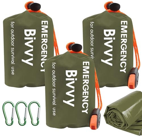 WIYETY 3 sacchi a pelo di emergenza: sacco a pelo di emergenza, con fischietto di segnalazione, impermeabile, per esterni, impermeabile e ultraleggero e protezione dal freddo – verde