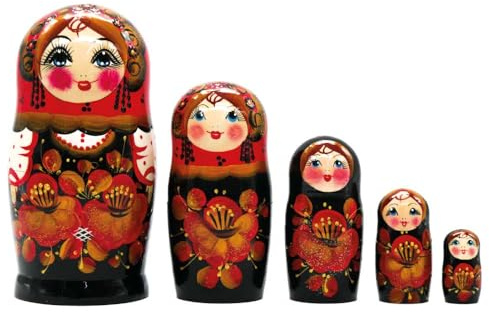 rukauf Hohlama Fantasie Matrjoschka Matröschka Matroschka Babuschka 18cm Höhe - 5 Holz-Puppen - Verschiedene Motive - Holzpuppe Матрёшка хохлама Matruschka chohlama (Schwarz-Rot)