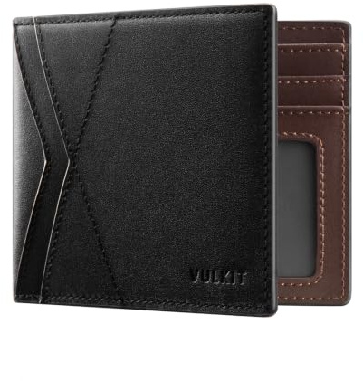 VULKIT Slim Leder Geldbörse Herren RFID-Geschützt, mit Münzfach, 9 Kreditkartenfächer und Geldfach, im Geschenkkarton, Schwarz & Kaffeebraun