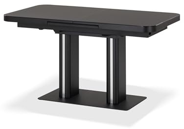 KHG Esstisch ausziehbar mit Glasplatte Schwarz, integrierter Mittelauszug 150-200 cm, Küchentisch bis 100 kg belastbar, gerade Tischkante mit abgerundeten Ecken, Edelstahl-Bodenplatte