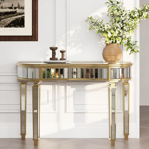 A ALFRESCOOL Tavolo consolle, tavolo da toeletta, tavolino da salotto, a forma di mezzaluna con specchio, vetro scanalato e cassetto, per soggiorno, camera da letto, spogliatoio, 120 × 38 × 78 cm (oro