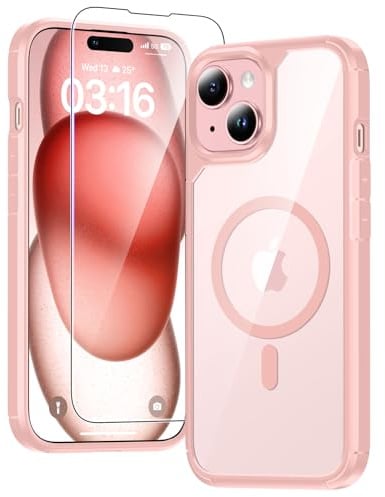 TAURI Cover Magnetica per iPhone 15, Rosa | con Pellicola in Vetro Temperato,Compatibile con MagSafe,Magnetica Custodia per Sottile Anticaduta