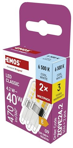 EMOS - G9 LED Lampe CLASSIC, 2er Pack - 4,2 Watt ersetzt 40 Watt Halogenlampe - G9 Pin Lampe JC mit Helligkeit 470 Lumen - Kaltweiß 6500 Kelvin - langlebig 30000 h - 300° Abstrahlwinkel - SMD LEDs