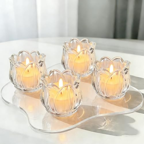LoveFirst 4er Set Transparentes Glas Teelichthalter, Votivkerzenhalter, Kristall Tulpen Teelichtgläser,Teelichter Glas Klein für Zuhause Tischdekoration,Weihnachten,Hochzeit,Party