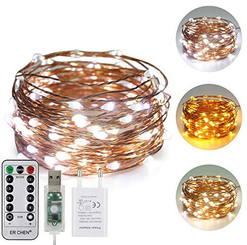 ErChen USB Strom-betrieben Zweifarbige Led Lichterketten, 33 FT 100 Leds Farbe ändern Dimmbar 8 Modi Kupfer Draht-Lichterketten mit Fernbedienung Timer für Innen Außen Christmas (Warmweiß, weiß)