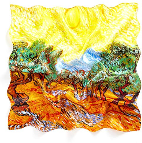 Prettystern Femme Bandana Foulard de Soie 50cm carré peinture imprimé Vincent Oliviers au ciel jaune P192