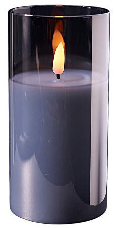 Vela LED elegante en vaso de cristal, con temporizador, parpadeo realista, diseño novedoso (gris, altura: 15 cm, diámetro: 7,5 cm)