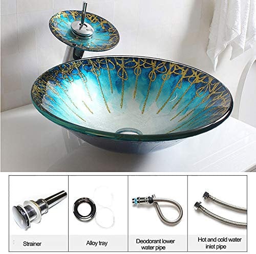 APENCHREN Countertop Basin Sink,Blue And Gold Pattern Glass Vessel Sink,Bathroom Countertop Tempered Glass Basin Sink,Tempered Glass Bowl Mounted,B