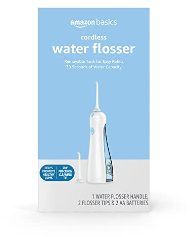 Amazon Basics HydroClean Portable Cordless Water Flosser for Teeth and Gums, 2 Pressure Tips, Removable Tank, 30 Seconds Water Capacity, 2 AA Batteries Included