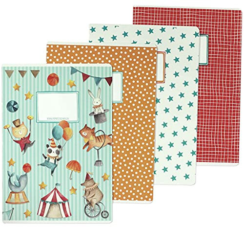 Papierdrachen - 4 hochwertige Schulhefte für Kinder DIN A4 | liniert und kariert 32 Seiten - Motiv Zirkus - zur Einschulung für Grundschüler - Set Nummer 3-16 Blatt