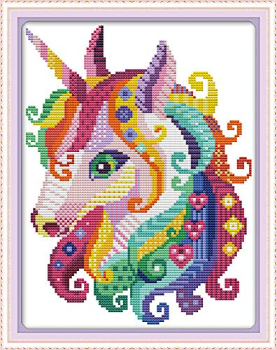 Kreuzstich Stickpackungen Vorgedruckt, OWN4B Buntes Einhorn Bilder 11CT 11,0x15,4 Zoll DIY Stickpackung Set
