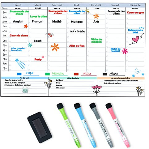 POPRUN Planning Semaine calendrier magnetique emploi du temps,Tableau Semainier Frigo effaçable,idéal pour Planification des Tâches, Menus, Projets, Organiseur Hebdomadaire Repas 43×28cm - en Français