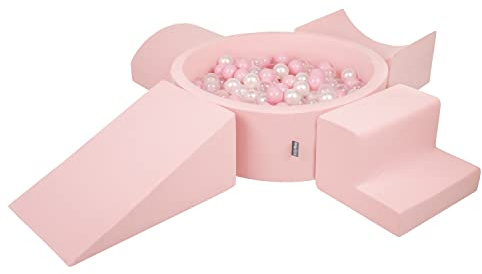 KiddyMoon Aire De Jeux en Mousse avec Rond Piscine À Balles (300 Balles) pour Enfants, Rose:Rose Poudre/Perle/Transparent