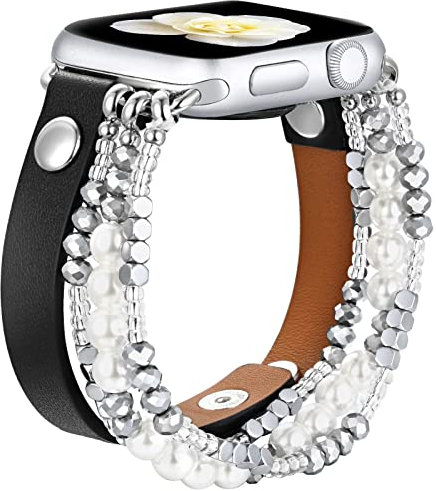 fastgo Leather Band Compatible with Apple Watch 38mm 40mm 41mm Women, Elastic Beaded Bracelet Strap Adjustable for Iwatch SE & Series 9 Ultra 8 7 6 5 4 3 2 1 (Black/White, 38/40/41mm)