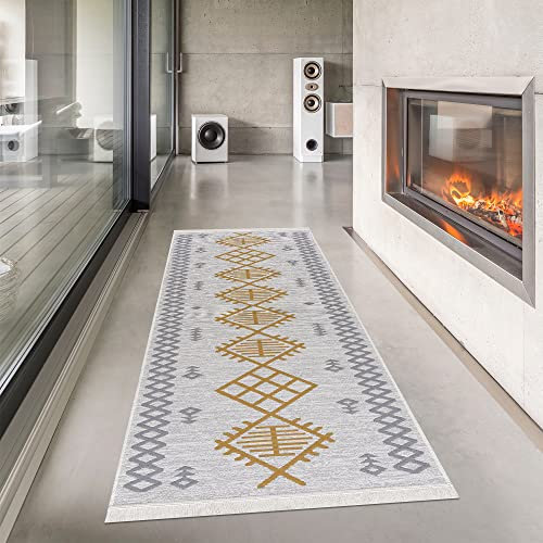 Pasha Home Teppich Läufer 80x300 cm Prag/Boho Teppich aus Baumwolle/Teppich für Wohnzimmer, Schlafzimmer, Küche, Bad, Kinderzimmer/Teppich Boho Style wendbar/Teppich Läufer senfgelb-grau
