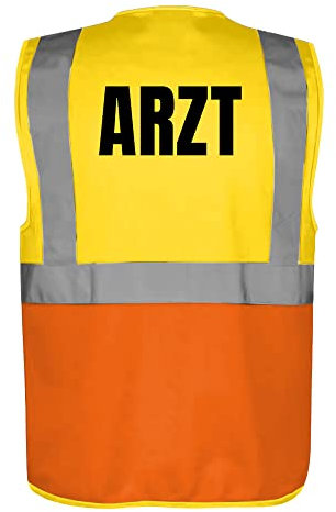 Fassbender-Druck WARNWESTEN - Sicherheitsweste GELB/ORANGE mit Taschen und Reißverschluss nach EN ISO 20471 zertifiziert - Warn Weste für ARZT - Unisex mit hochwertigem Reflektorstreifen