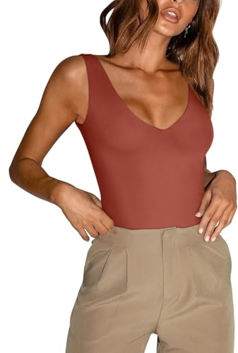 REORIA Womens Bodysuit Deep V Neck Backless Sexy Going Out Tops Red M