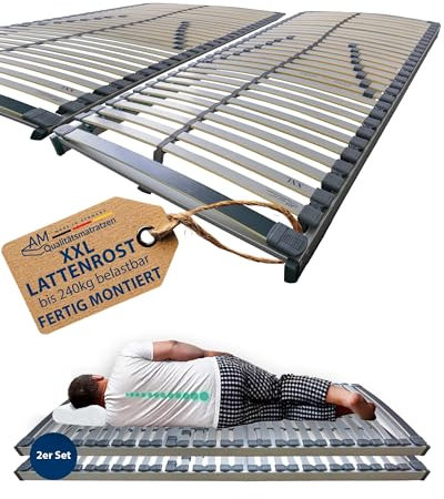 AM Qualitätsmatratzen Stabiler Lattenrost 200x220cm - bis 240 kg belastbar - fertig montiert - XXL Lattenrost in 200x220 cm - 2 Lattenroste für Betten in 200x220cm - Auch bei Übergewicht geeignet