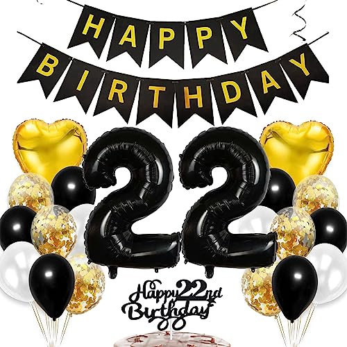 Feelairy Geburtstagsdeko 22 Jahre Frauen, Luftballon 22. Geburtstag Deko Männer, Schwarz Gold Tortendeko Happy 22th Birthday Deko 22 Jahre Frau, Ballon 22. Geburtstag Mann Party Dekoration Set