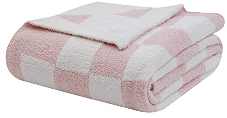 bearberry Soft Plush Throw Blanket for Couch, Cozy Warm & Lightweight | Knitted Fluffy Checkered Comfort Home Decor Gift for Women Mom Her, Sofa Chair Bed, 40x50in, Pink