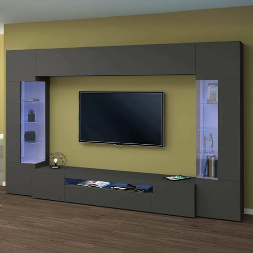 Dmora - Ausgestattete Wand Clementino, 6-türiges TV-Ständer-Wohnzimmerset, Mehrzweck-Wohnzimmermöbel mit LED-Licht, 100% Made in Italy, 290 x 40 x 191 cm, Anthrazit,