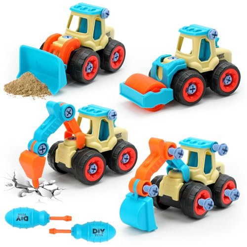 VoMii Zerlegen Spielzeug ab 3 4 5 Jahre, 4 in1 Bagger Baufahrzeuge LKW Sandkasten SandSpielzeug, DIY Baufahrzeuge Zerlegen Spielzeug, Autospielzeug, Geschenk für Jungen