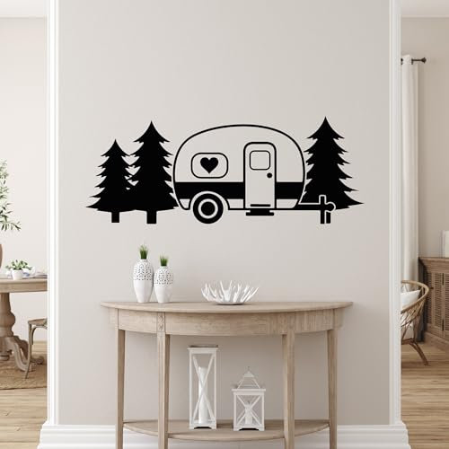 GRAZDesign Wandtattoo Camping, Wohnwagen mit Wald Camper, Aufkleber Reise für Wohnzimmer, Flur, Innen und Außen - 78x30cm / weiss