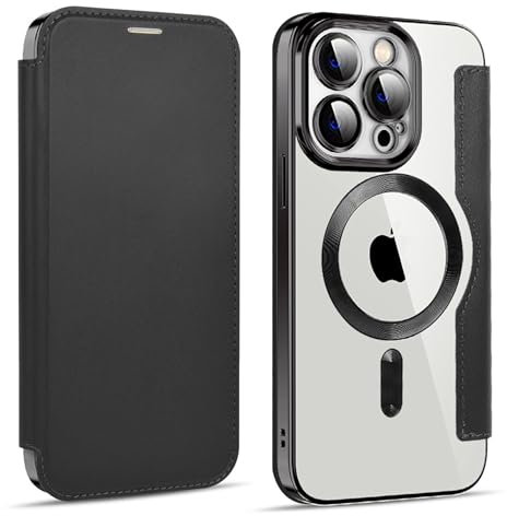 Bakicey Hülle für iPhone 15 Pro Max Klapphülle Kompatibel mit mag-Safe Kartenfach PU Leder Anti-Kratzer Handyhülle mit RFID-Sperre Schutzhülle Transparent Flip Case für iPhone 15 Pro Max,Schwarz