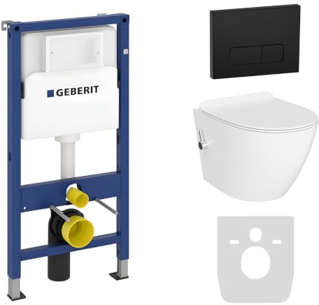 Lavita Duofix Basic Vorwandelement + Wand Tiefspül WC Salto Weiß Spülrandlos +WC Sitz + Bedienplatte Delta 25 Schwarzer Knopf Komplettset Unterputz Spülkasten Toilette Komplett Sett WC