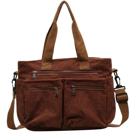 Makukke Cord Damen Umhängetasche Tote Bag Tasche Groß Mehrfachtasche Shopper Tasche Handtasche Schultertaschen für Arbeit Büro Reisen Einkaufen Schule,Braun Tasche